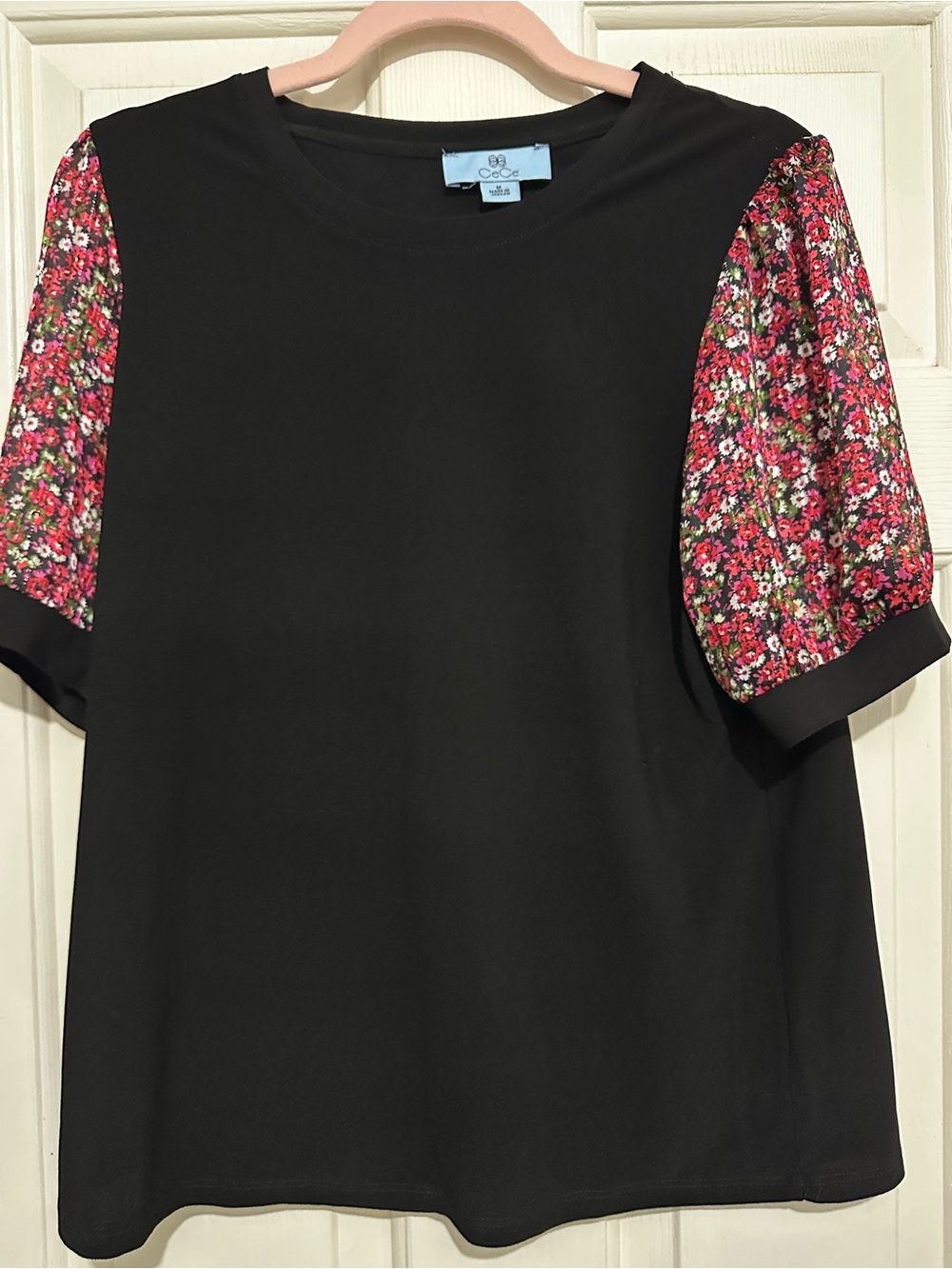 C&C California Black Tee with Pink Floral Puff Sleeves